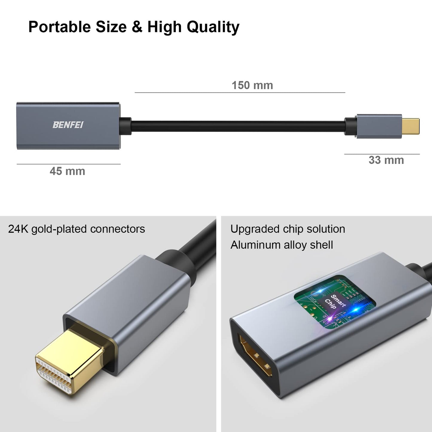 BENFEI Mini DisplayPort to HDMI Adapter 4K, Thunderbolt 2 to HDMI Adapter Compatible for MacBook Air/Pro, Microsoft Surface Pro/Dock, Monitor, Projector[Gold-Plated Connectors& Aluminium Shell]