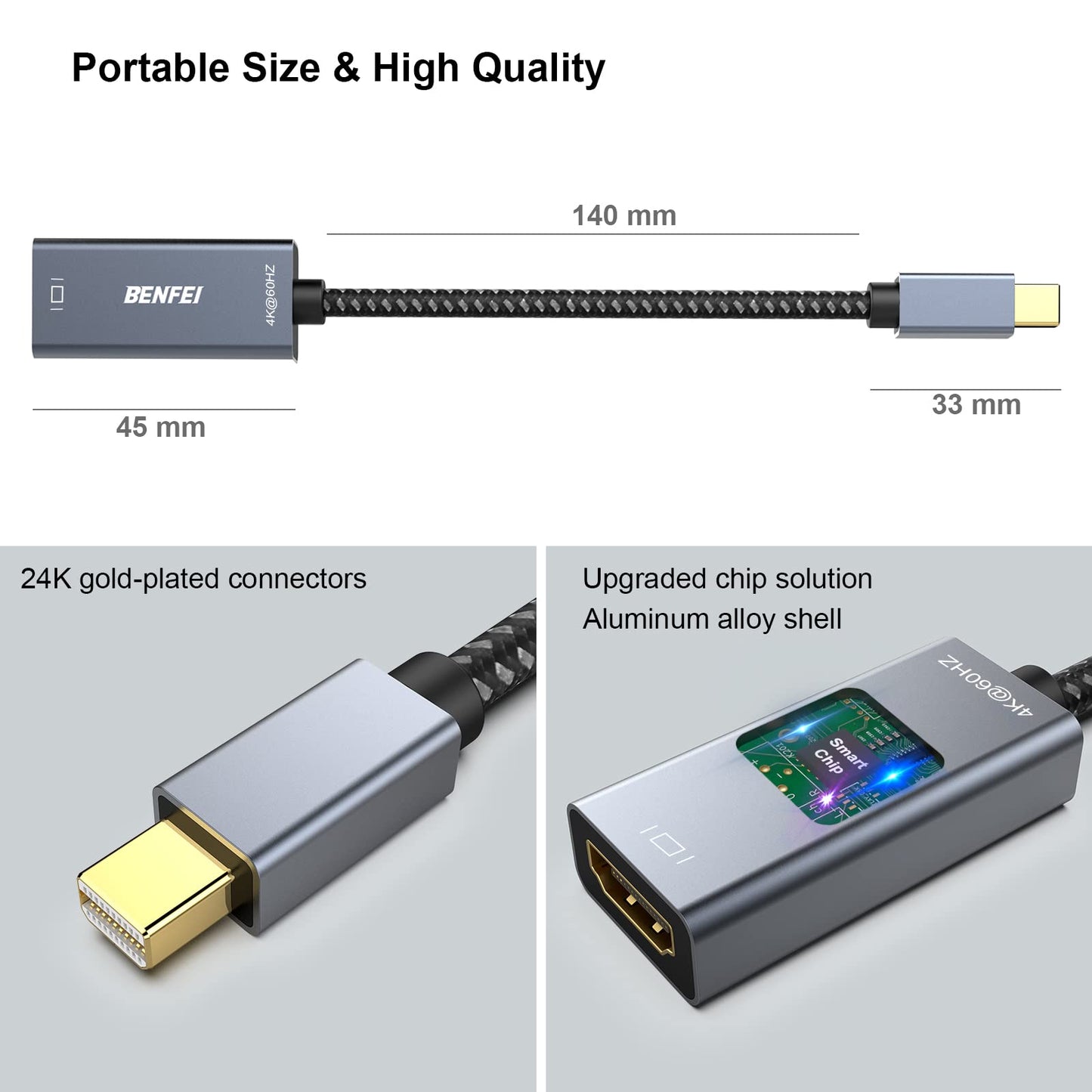BENFEI Mini DisplayPort to HDMI Adapter 4K, Thunderbolt 2 to HDMI Adapter Compatible for MacBook Air/Pro, Microsoft Surface Pro/Dock, Monitor, Projector[Gold-Plated Connectors& Aluminium Shell]