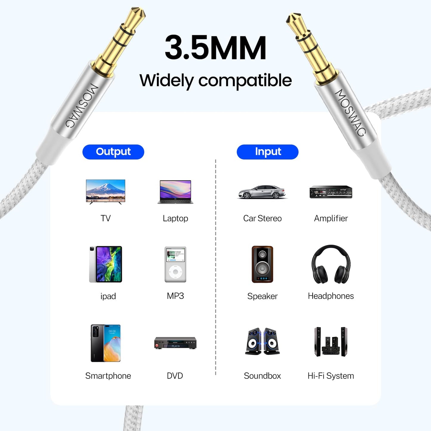 MOSWAG 10FT/3Meters 3.5mm Audio Auxiliary Jack Cable 3 Pole to 3.5mm Aux Cable Male to Male Aux Cord Nylon Braided Stereo Jack Cord for Phones, Headphones, Speakers, Tablets, PCs, Music Players and More