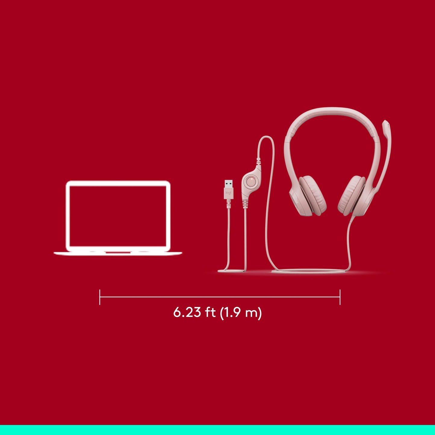 Logitech H390 Wired Headset for PC/Laptop, Stereo Headphones with Noise Cancelling Microphone, USB-A, in-Line Controls, Works with Chromebook - Rose, 1 Pack
