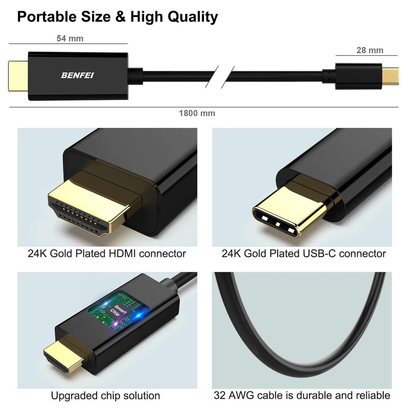 BENFEI USB C to HDMI 6 Feet Cable [4K@60Hz, Aluminum Shell, Nylon Braided], Thunderbolt 3/4 Compatible with iPhone 15 Pro/Max, MacBook Pro/Air 2023, iPad Pro, Surface Book 2, Galaxy S23 and More