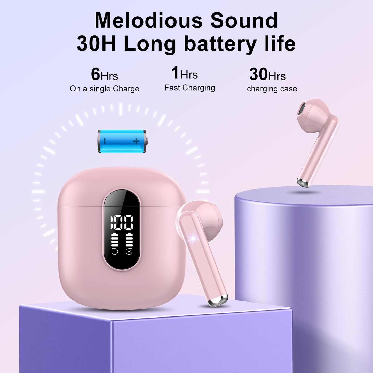 Wireless Earbuds, Bluetooth 5.3 Headphones HiFi Stereo, Mini in-Ear Bluetooth Earbuds, Wireless Earphones with 4 ENC Noise Cancelling Mic, IP7 Waterproof, LED Display, Touch Control Ear Buds, White