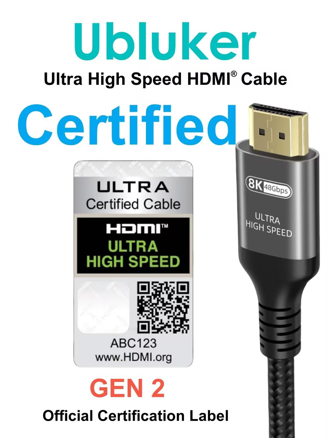 Ubluker 10K 8K 4K HDMI Cable 48Gbps 3.3 FT, Certified Ultra High Speed HDMI® Cable 4K 240Hz 144Hz 120Hz 8K60Hz 0.01ms HDR10+ eARC HDCP2.3 Netflix Roku TV PC Monitor Projector PS5 Xbox