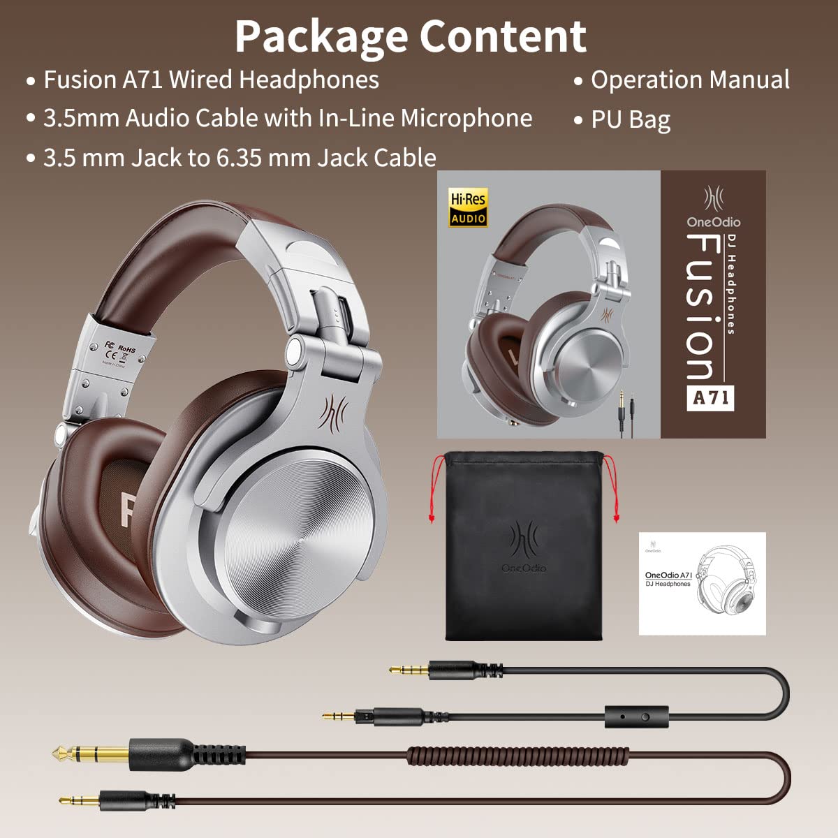 OneOdio A71 Wired Over Ear Headphones, In-Line Mic, Studio Headphones with SharePort, Professional Monitor Recording & Mixing Foldable Headphones with Hi-Res Sound for DJ Guitar Amp Computer PC