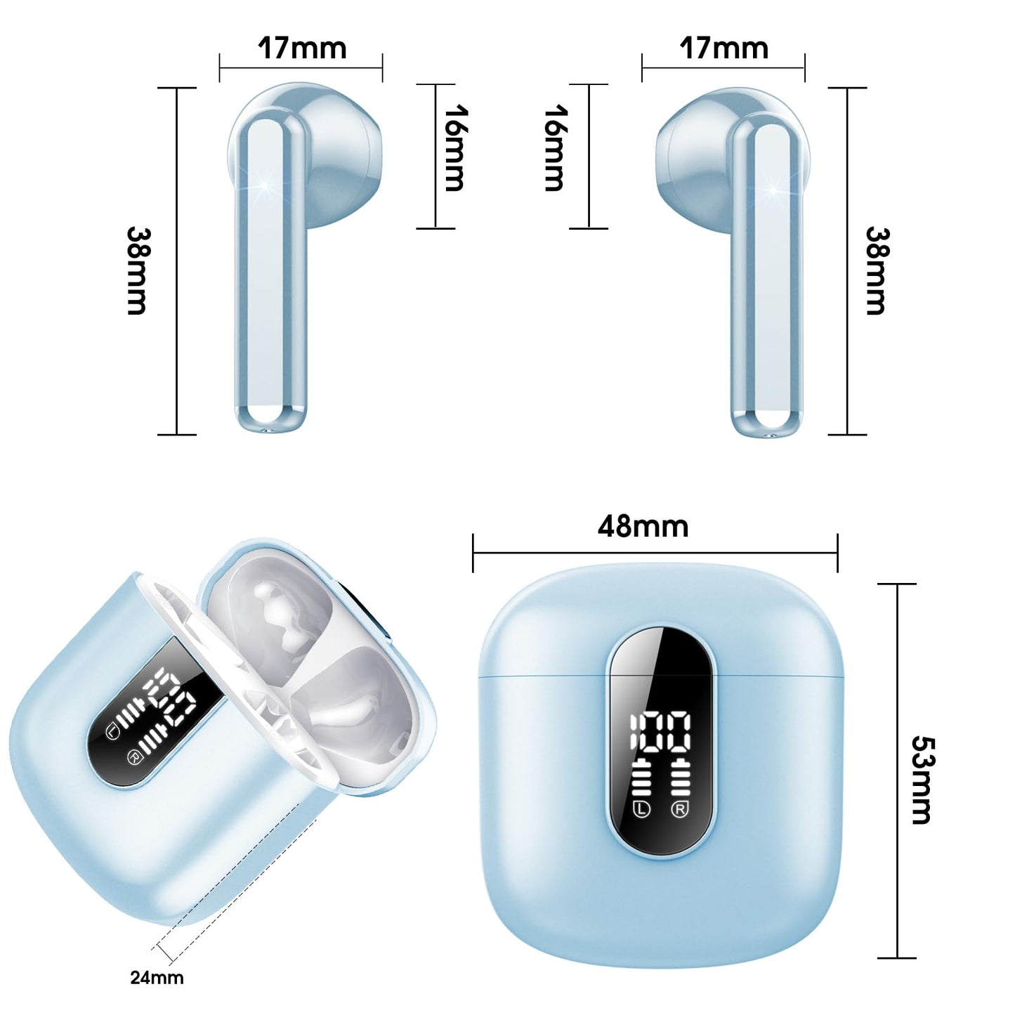 Wireless Earbuds, Bluetooth 5.3 Headphones HiFi Stereo, Mini in-Ear Bluetooth Earbuds, Wireless Earphones with 4 ENC Noise Cancelling Mic, IP7 Waterproof, LED Display, Touch Control Ear Buds, White