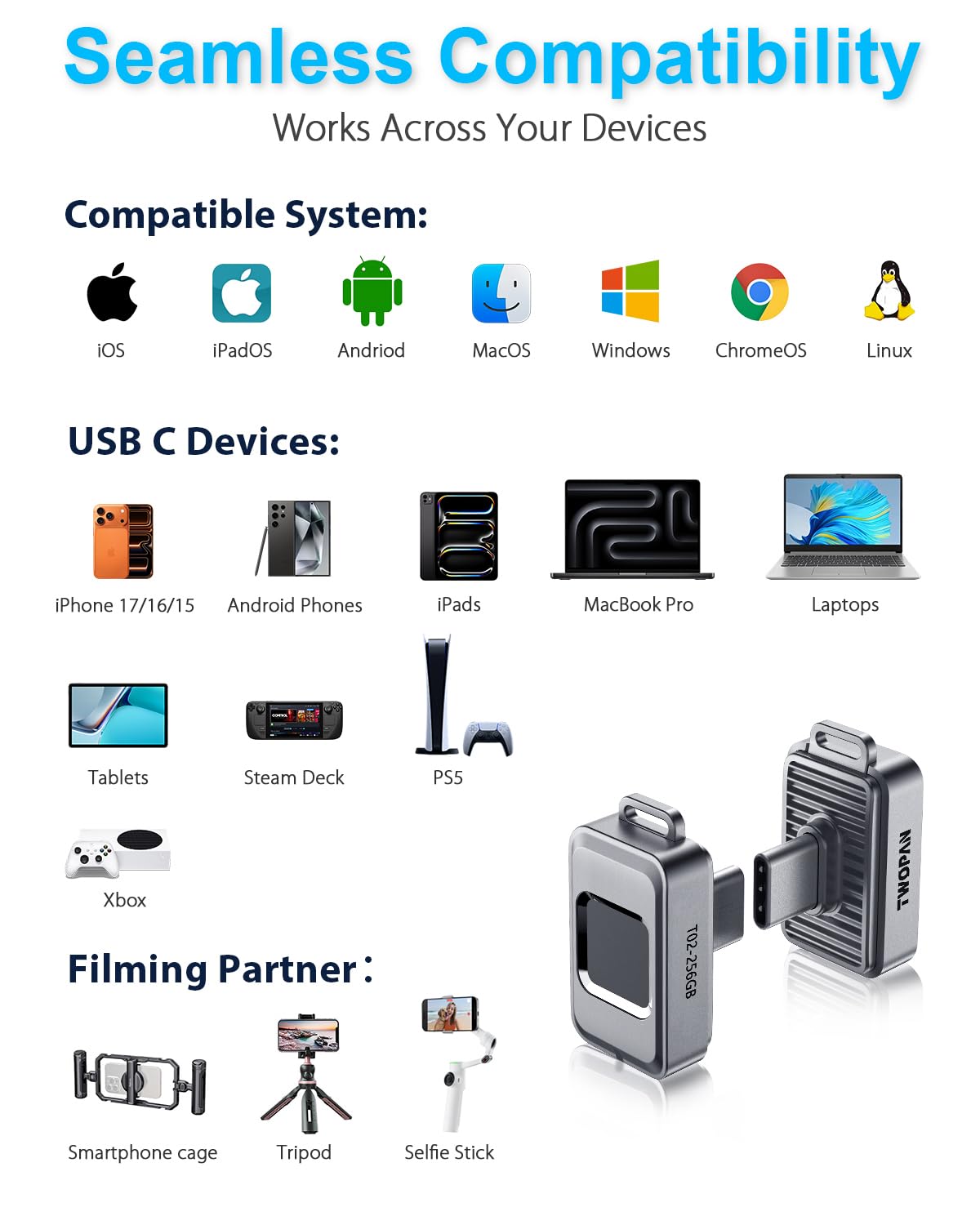 TWOPAN 256GB Portable Nano SSD with Fingerprint Lock, USB-C External SSD Hard Drive, Compatible with iPhone 17/16/15, MacBook, iPad, Steam Deck, PS5, Selfie Stick, Android, Travel and Backup
