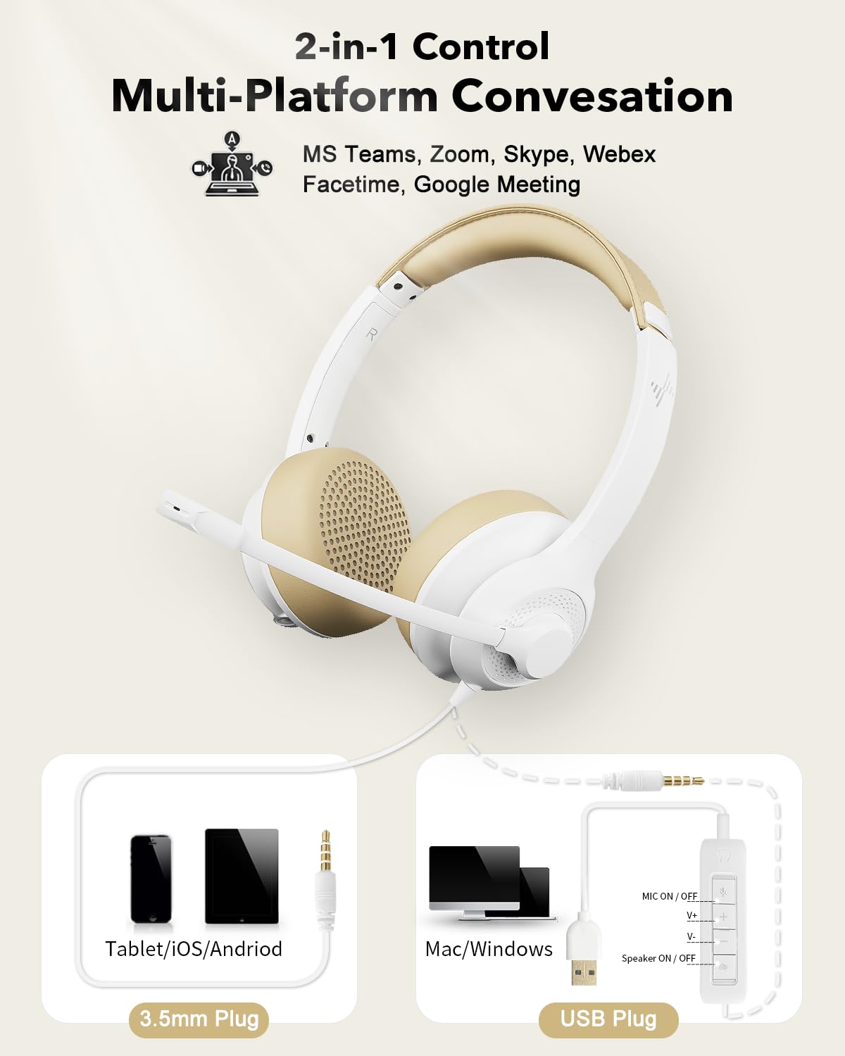 JIAMQISHI USB Headset with Mic for PC, On-Ear Computer Laptop Headphones with Noise Cancelling Microphone in-line Control for Home Office Online Class Skype Zoom