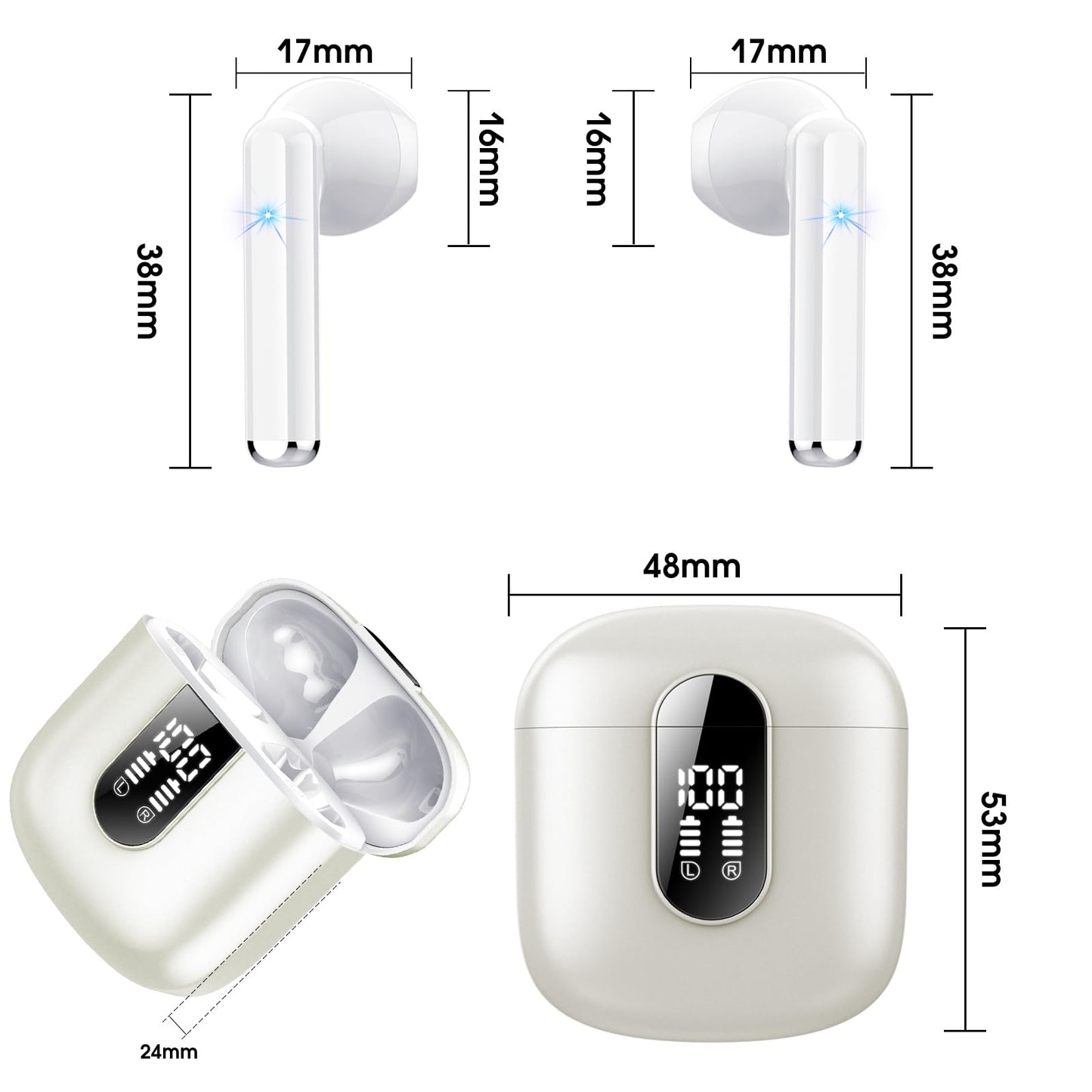 Wireless Earbuds, Bluetooth 5.3 Headphones HiFi Stereo, Mini in-Ear Bluetooth Earbuds, Wireless Earphones with 4 ENC Noise Cancelling Mic, IP7 Waterproof, LED Display, Touch Control Ear Buds, White