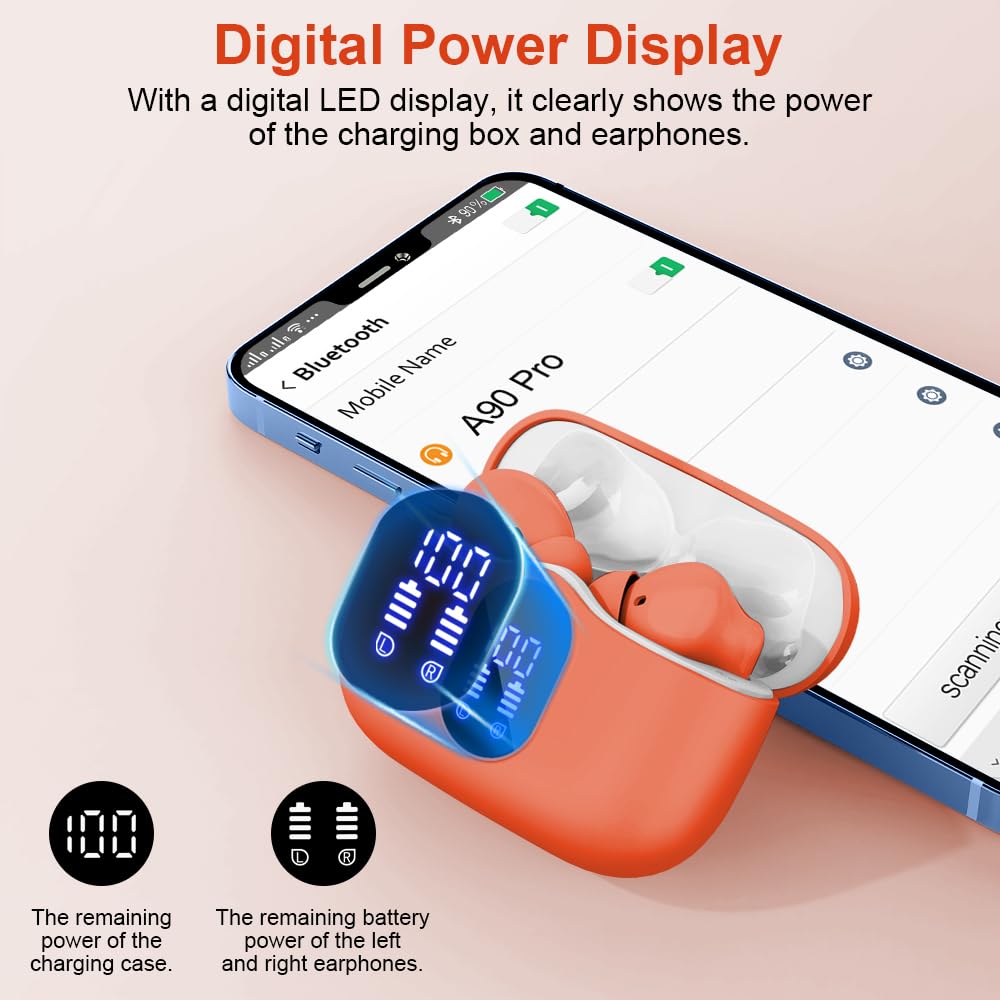 Wireless Earbuds, Bluetooth Headphones 5.4 HiFi Stereo, Wireless Earphones with ENC Noise Cancelling Mic, IP7 Waterproof in Ear Headphones, LED Digital Display Ear Buds, Touch Control, Black