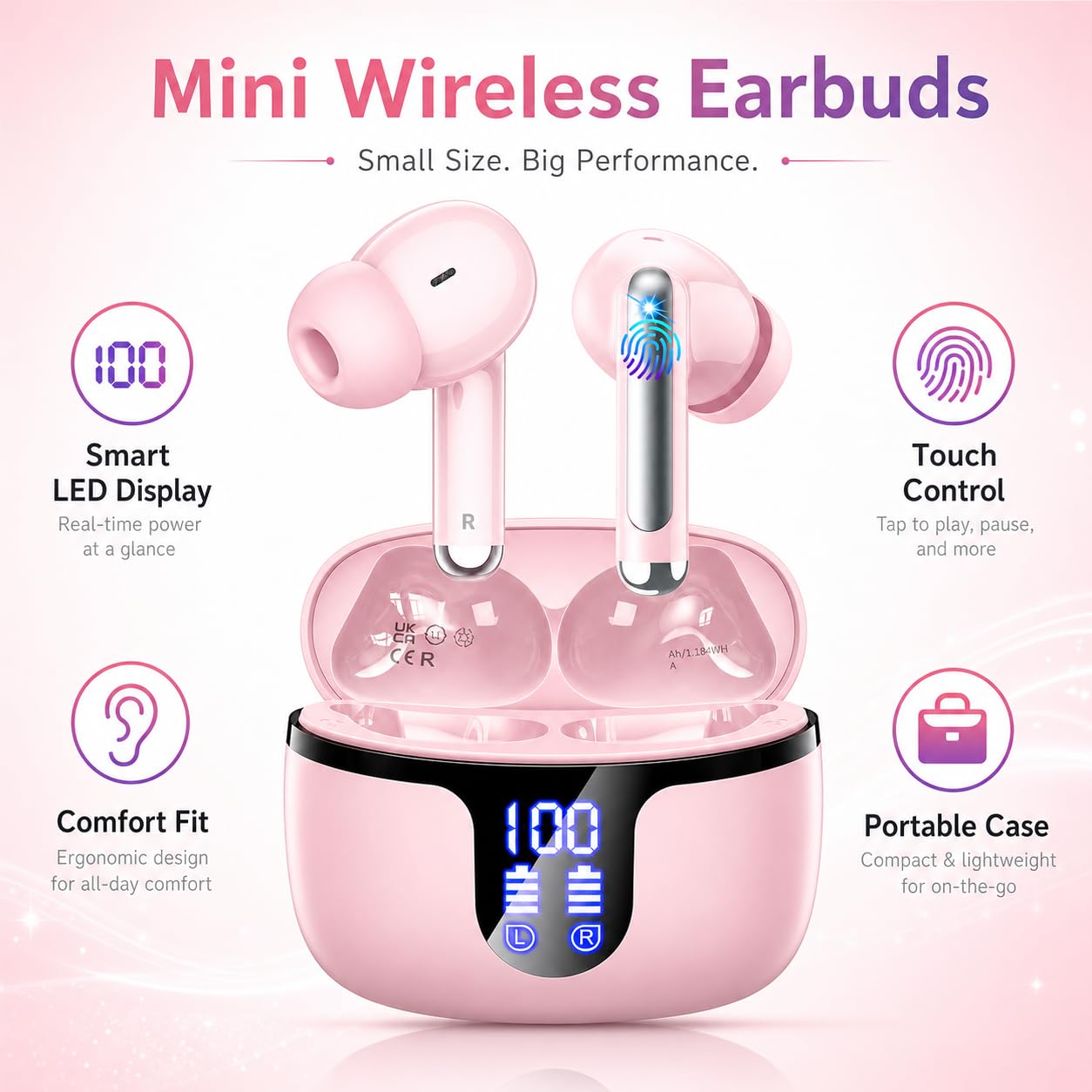 Wireless Earbuds, Bluetooth 5.4 Headphones, 50H Playback Deep Bass Stereo Ear Buds with LED Power Display Charging Case, IPX7 Waterproof in-Ear Earbuds for Smart Phone Laptop Computer Sports Black
