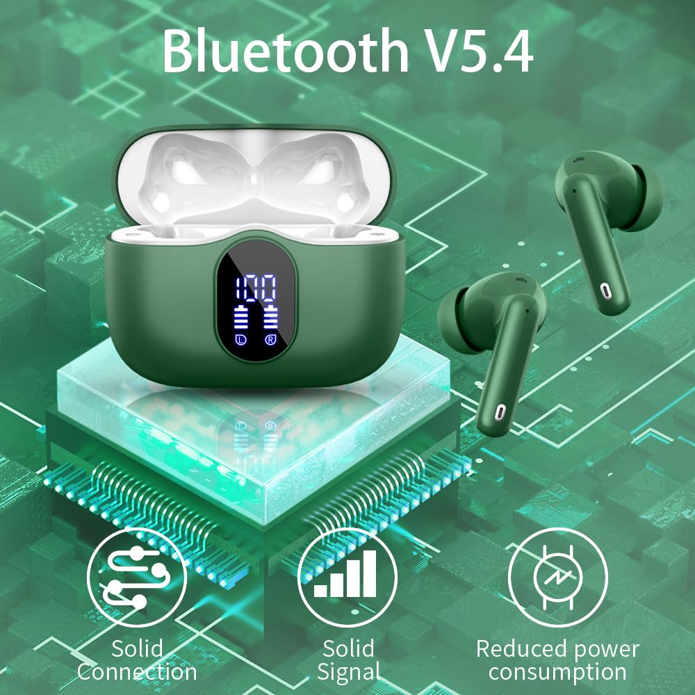 Wireless Earbuds, Bluetooth Headphones 5.4 HiFi Stereo, Wireless Earphones with ENC Noise Cancelling Mic, IP7 Waterproof in Ear Headphones, LED Digital Display Ear Buds, Touch Control, Black