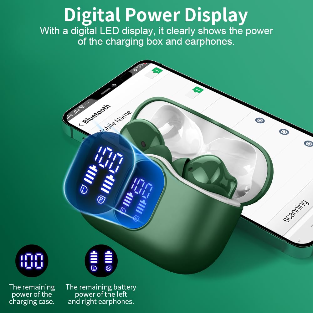 Wireless Earbuds, Bluetooth Headphones 5.4 HiFi Stereo, Wireless Earphones with ENC Noise Cancelling Mic, IP7 Waterproof in Ear Headphones, LED Digital Display Ear Buds, Touch Control, Black
