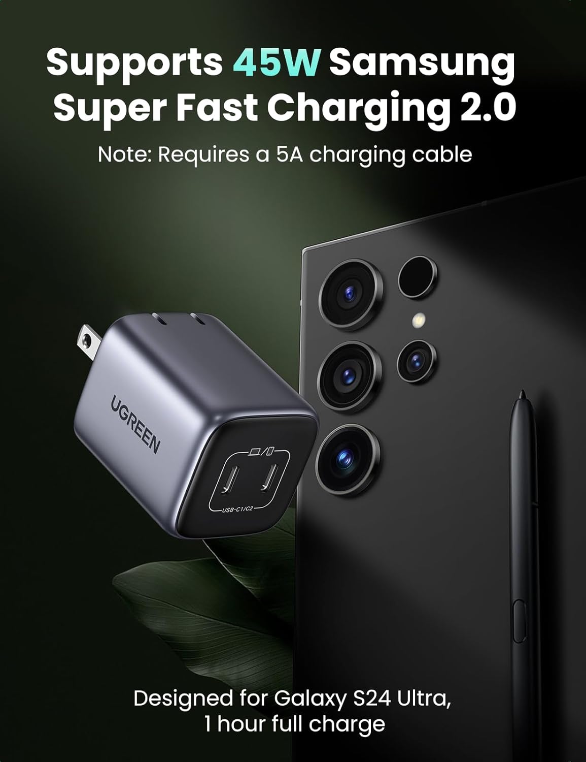 UGREEN Nexode 45W USB C Charger Block, GaN PPS Dual Port USB C Fast Charger Super Fast Charge 2.0 Wall Plug Compatible with Galaxy S26 S25 S24 Ultra S23 A54, iPhone 17 16 Pro Max, iPad, Pixel 10 9 8