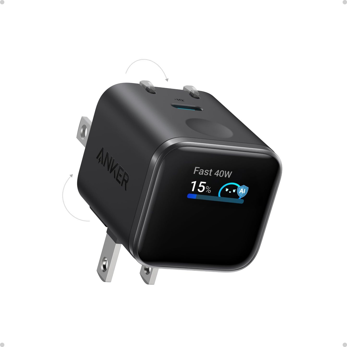Anker Nano USB C Charger, 45W USB C Charger Block with Smart Display, 180° Foldable Plug, Smart Recognition, Built-in Care Mode, for iPhone 17/16/15 (Non-Battery, One USB-C Port, No Cable Included)