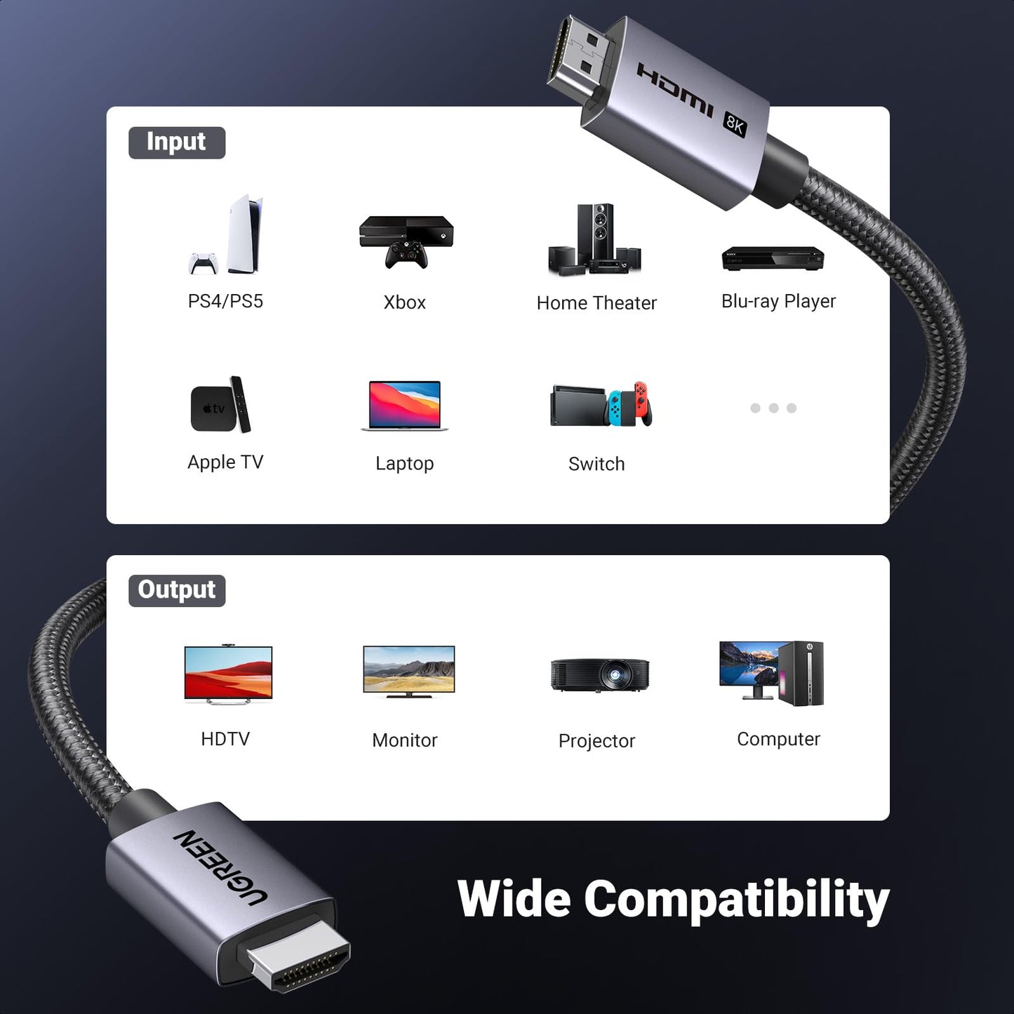 UGREEN 10K 8K HDMI 2.1 Cable 48Gbps 6.6FT, Certified 8K@60Hz 4K@120Hz 144Hz High Speed Gaming Cable Braided Cord, eARC HDCP 2.3 Dynamic HDR Compatible for HDTV/PS5/Xbox/SoundBar/RTX3090/Blu-ray
