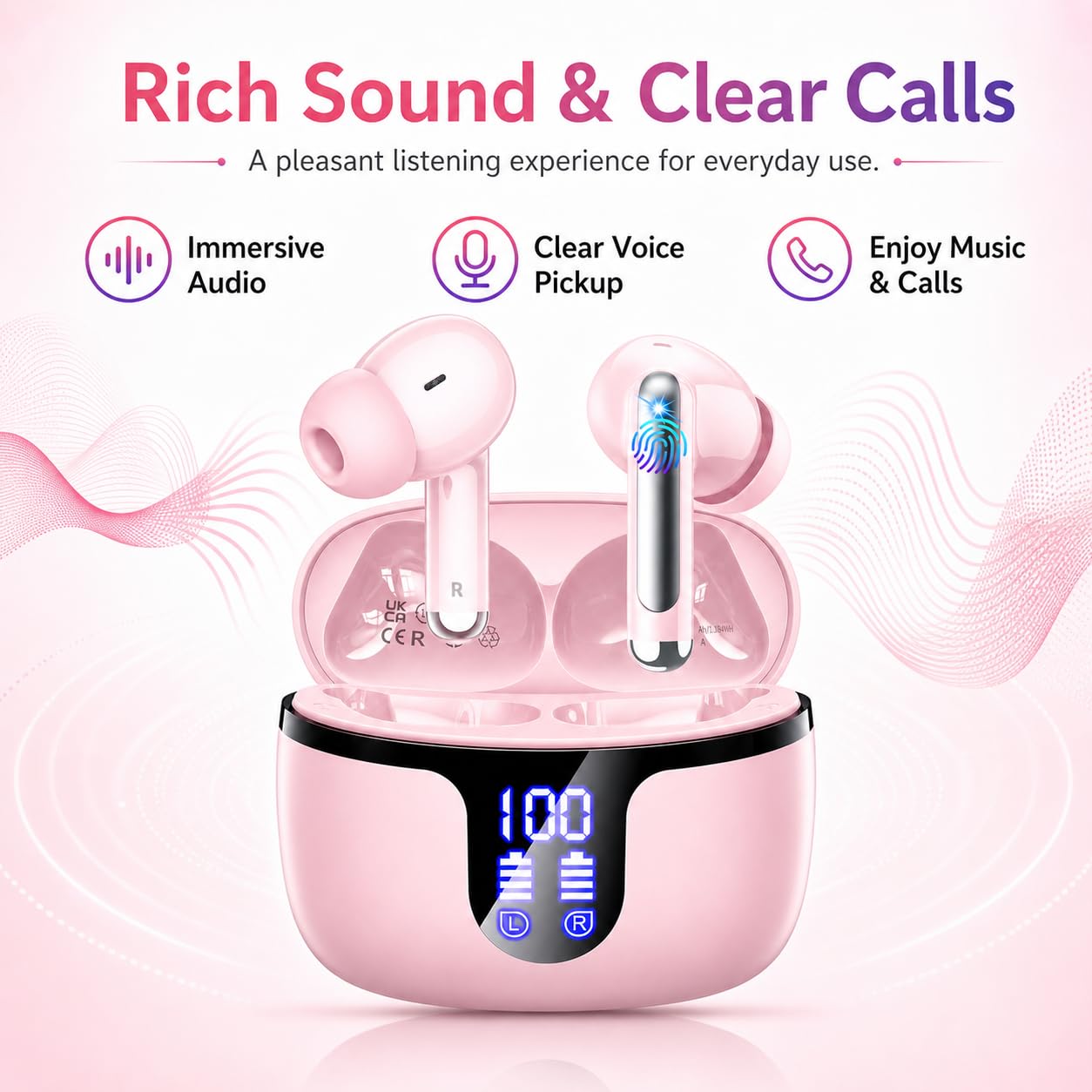 Wireless Earbuds, Bluetooth 5.4 Headphones, 50H Playback Deep Bass Stereo Ear Buds with LED Power Display Charging Case, IPX7 Waterproof in-Ear Earbuds for Smart Phone Laptop Computer Sports Black