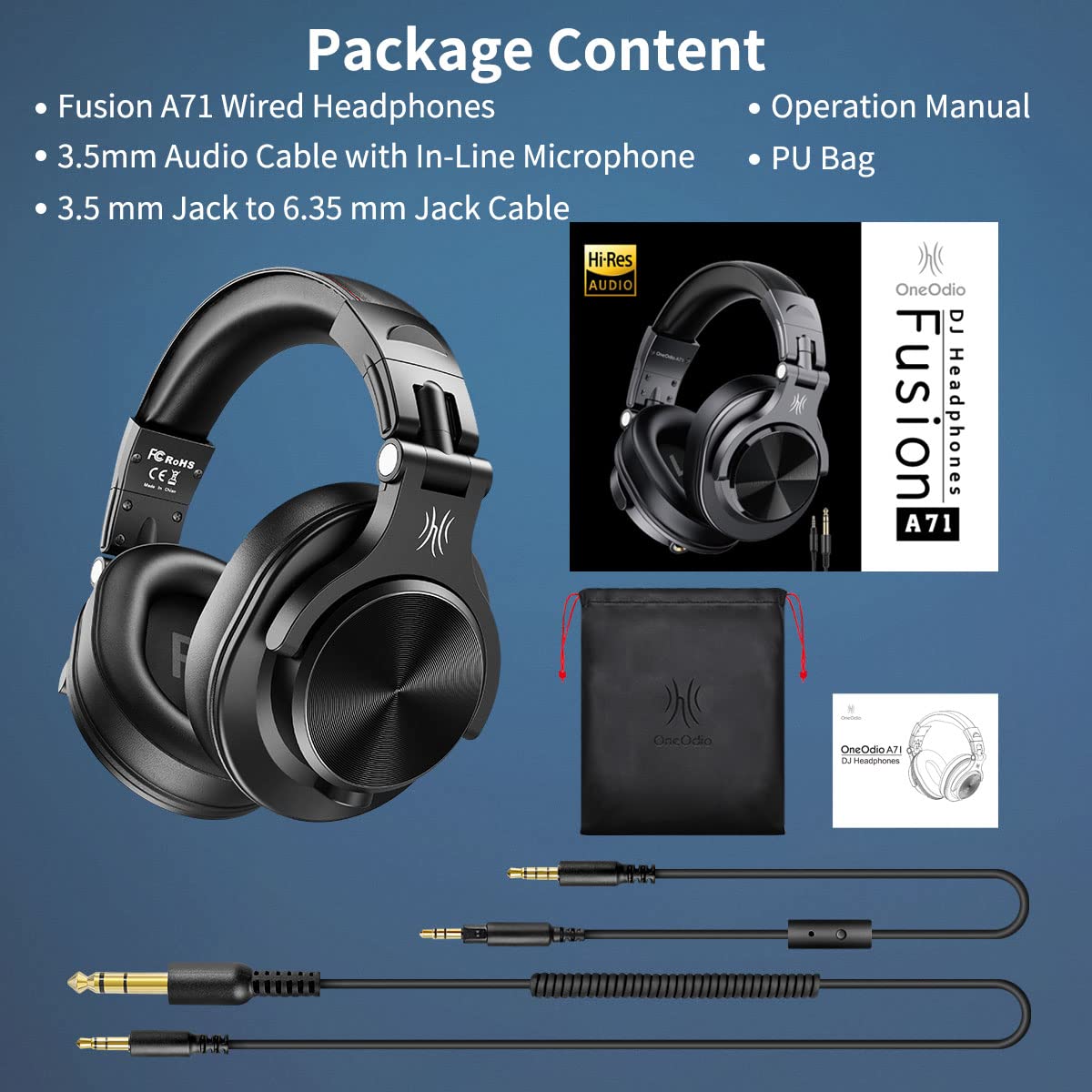 OneOdio A71 Wired Over Ear Headphones, In-Line Mic, Studio Headphones with SharePort, Professional Monitor Recording & Mixing Foldable Headphones with Hi-Res Sound for DJ Guitar Amp Computer PC