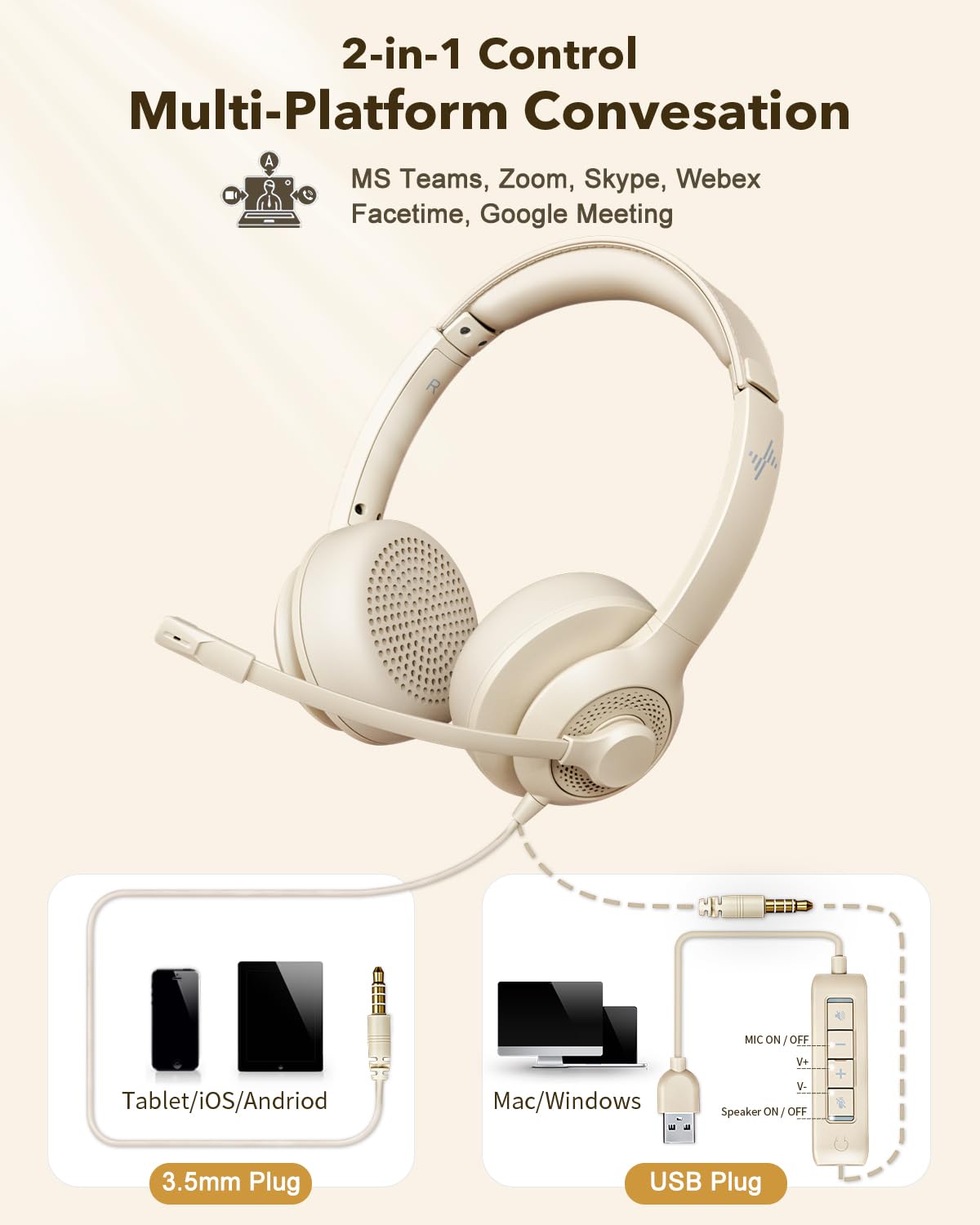 JIAMQISHI USB Headset with Mic for PC, On-Ear Computer Laptop Headphones with Noise Cancelling Microphone in-line Control for Home Office Online Class Skype Zoom