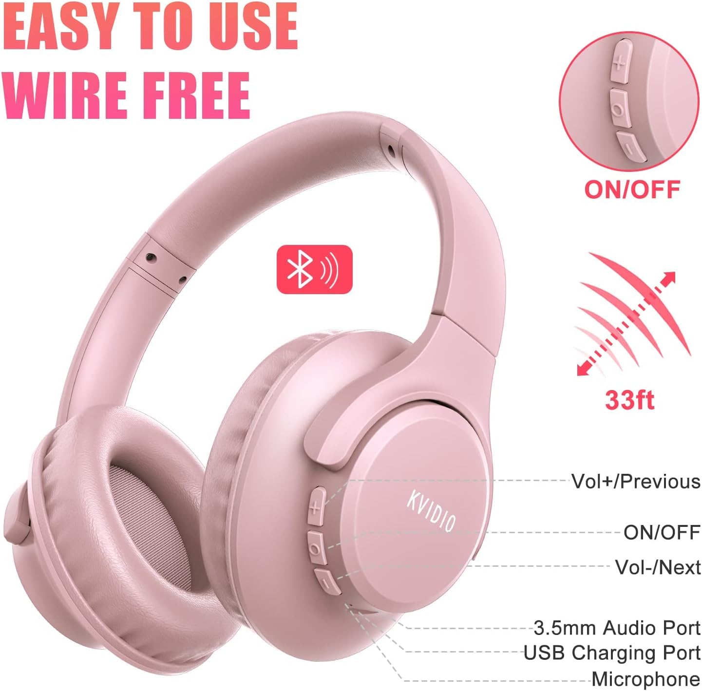 KVIDIO Bluetooth Headphones Over Ear, 65 Hours Wireless Headphones with Microphone, Foldable Lightweight HiFi Stereo Headset with Deep Bass for Travel Work Laptop PC Cellphone