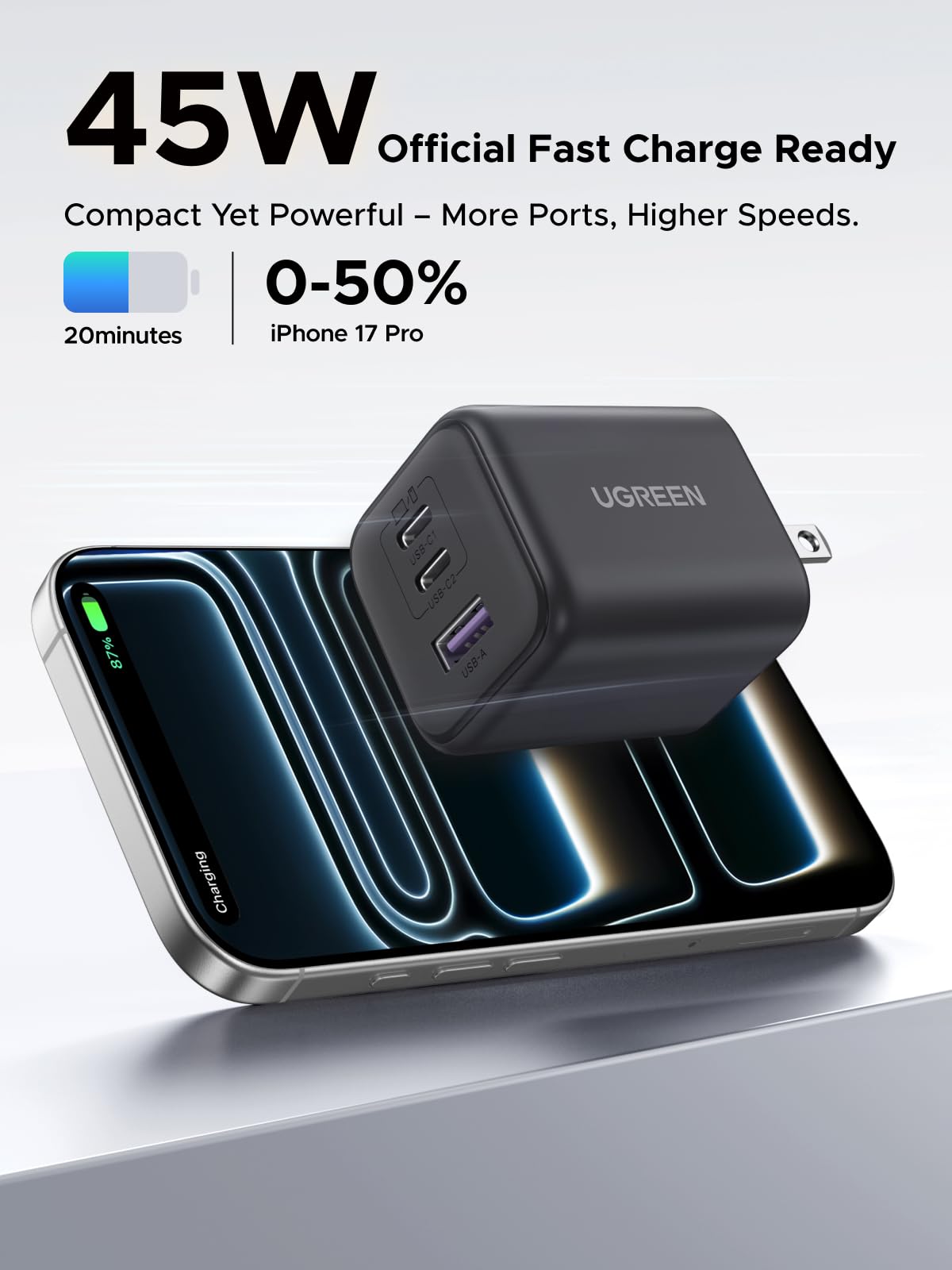 UGREEN 45W USB C Charger Block with 2 USB C and USB A Ports, GaN PPS 3 Port Super Fast Charger for iPhone 17 Pro Max/16, Galaxy S26/S25/S24 Ultra, Pixel 10/9/8/7 Pro, iPad, MacBook Air