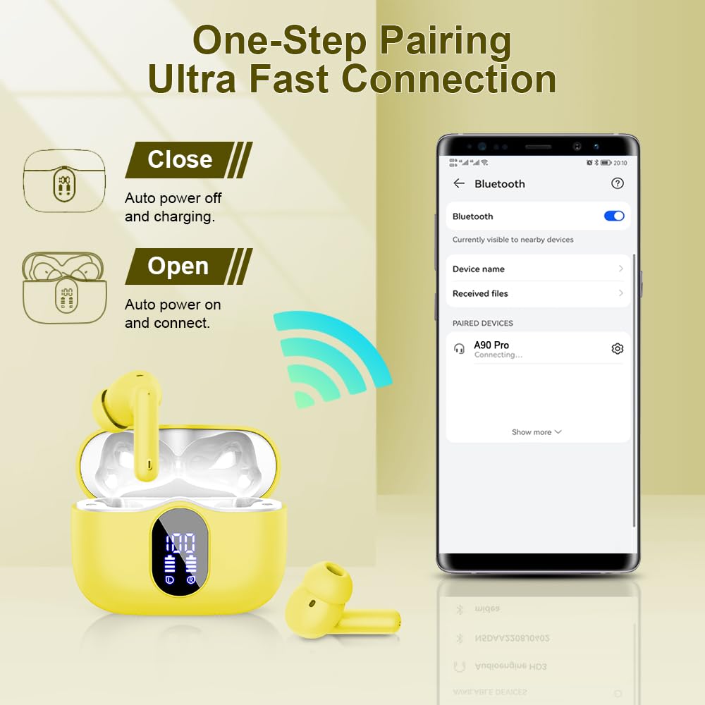 Wireless Earbuds, Bluetooth Headphones 5.4 HiFi Stereo, Wireless Earphones with ENC Noise Cancelling Mic, IP7 Waterproof in Ear Headphones, LED Digital Display Ear Buds, Touch Control, Black