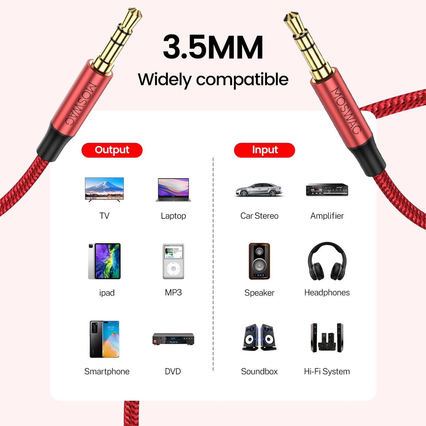 MOSWAG 10FT/3Meters 3.5mm Audio Auxiliary Jack Cable 3 Pole to 3.5mm Aux Cable Male to Male Aux Cord Nylon Braided Stereo Jack Cord for Phones, Headphones, Speakers, Tablets, PCs, Music Players and More