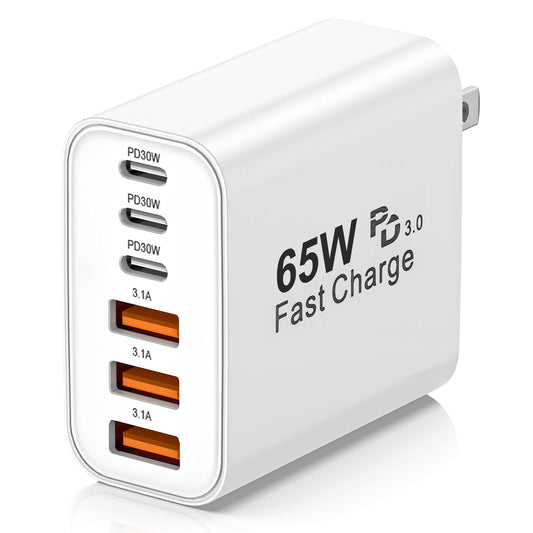 USB C Charger Block,65W 6-Port USBC Charging Block,Wall Charger iPhone Charger Fast Charging,Multiport Type C PD+QC Power Plug for All iPhone 17 16 15 iPad Samsung S24 S23 iWatch Pixel Series (White)
