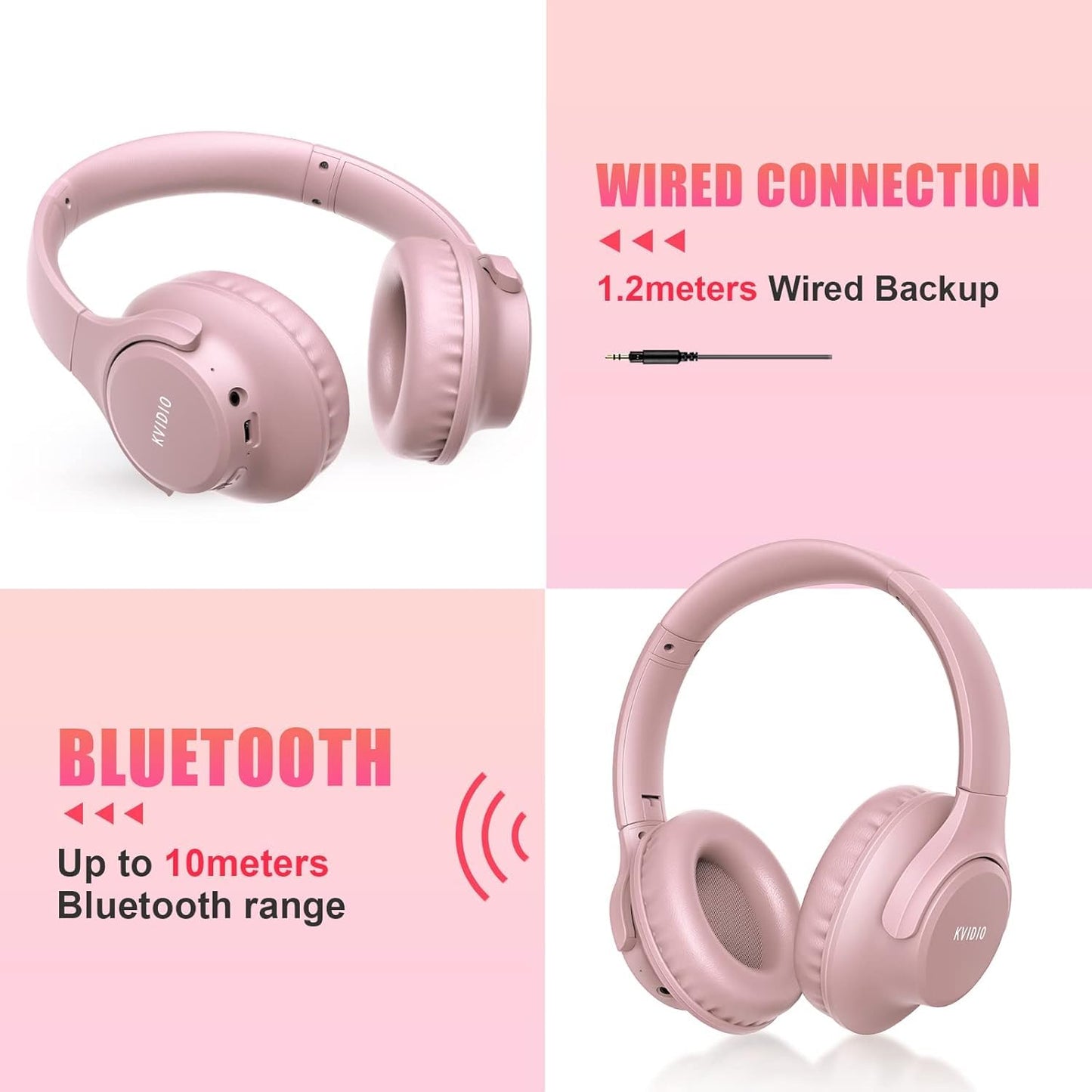 KVIDIO Bluetooth Headphones Over Ear, 65 Hours Wireless Headphones with Microphone, Foldable Lightweight HiFi Stereo Headset with Deep Bass for Travel Work Laptop PC Cellphone