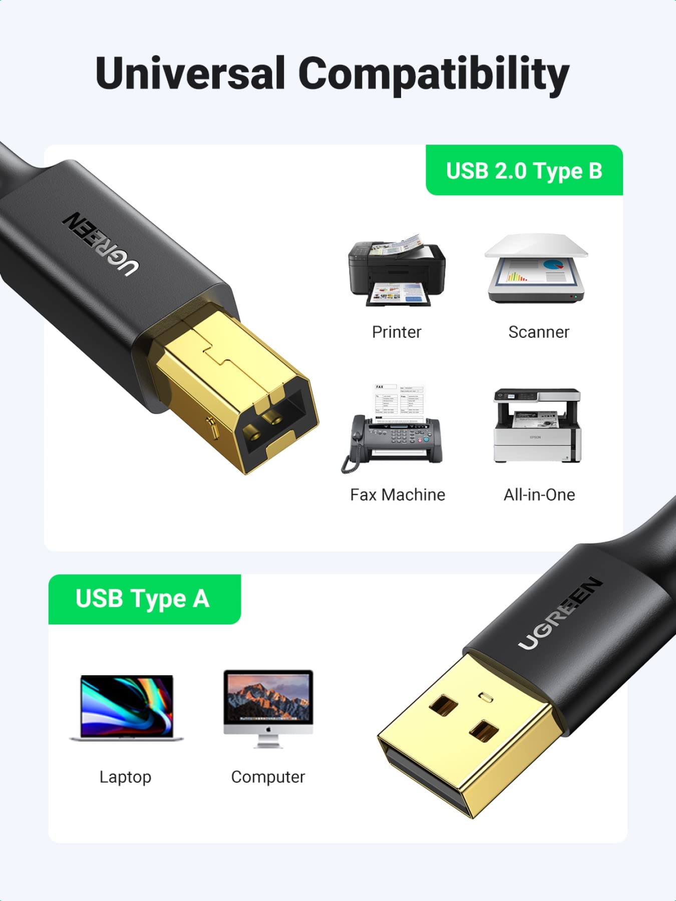 UGREEN Printer Cable USB 2.0 A Male to B Male Cord USB A to B Cable High Speed Scanner Cord Compatible with Brother, HP, Lexmark, Epson, Xerox, Piano, DAC and More, 1.5 Meters