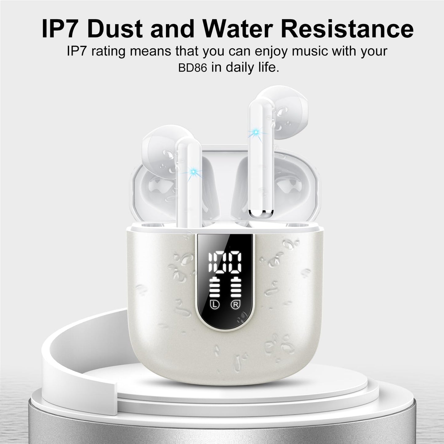 Wireless Earbuds, Bluetooth 5.3 Headphones HiFi Stereo, Mini in-Ear Bluetooth Earbuds, Wireless Earphones with 4 ENC Noise Cancelling Mic, IP7 Waterproof, LED Display, Touch Control Ear Buds, White