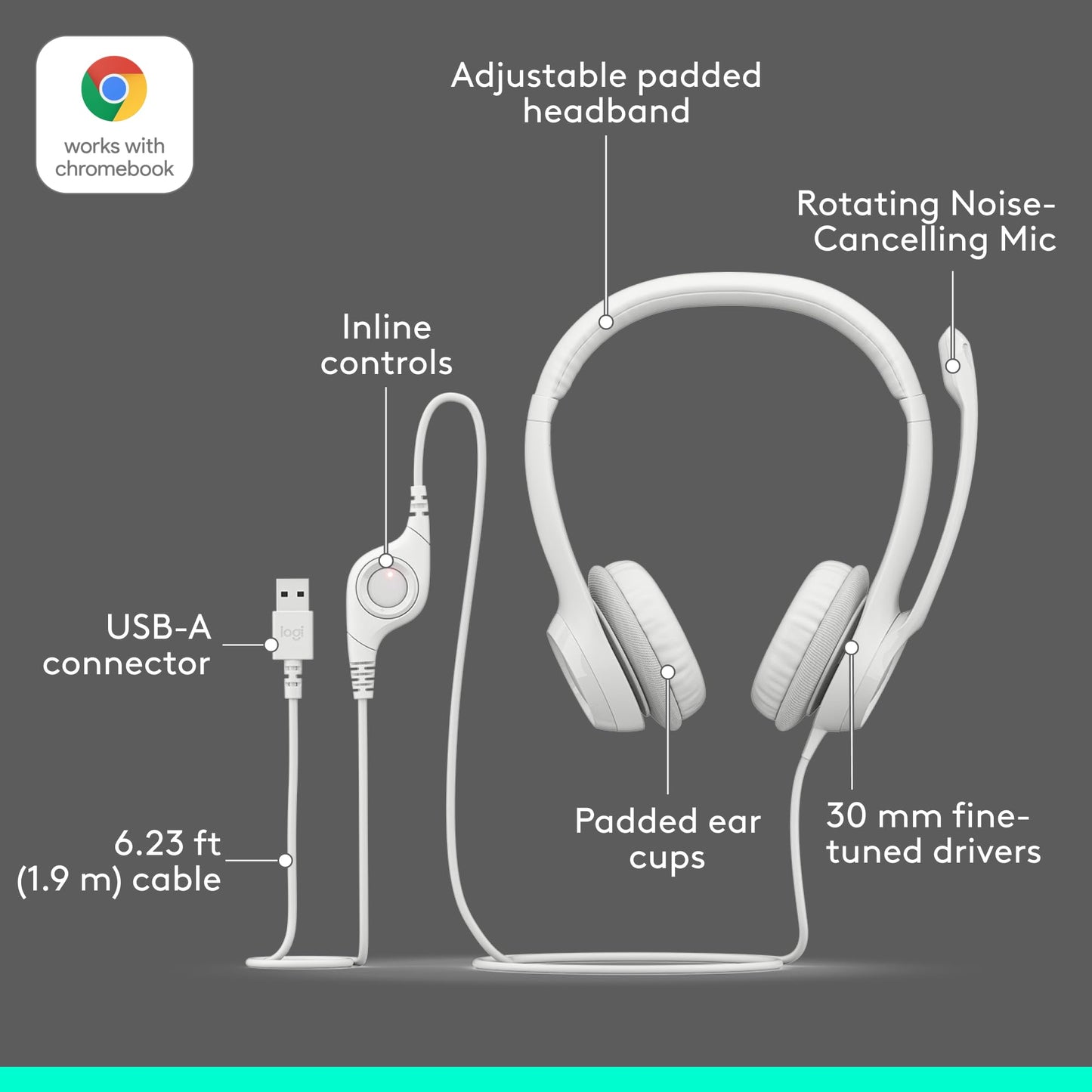 Logitech H390 Wired Headset for PC/Laptop, Stereo Headphones with Noise Cancelling Microphone, USB-A, in-Line Controls, Works with Chromebook - Rose, 1 Pack