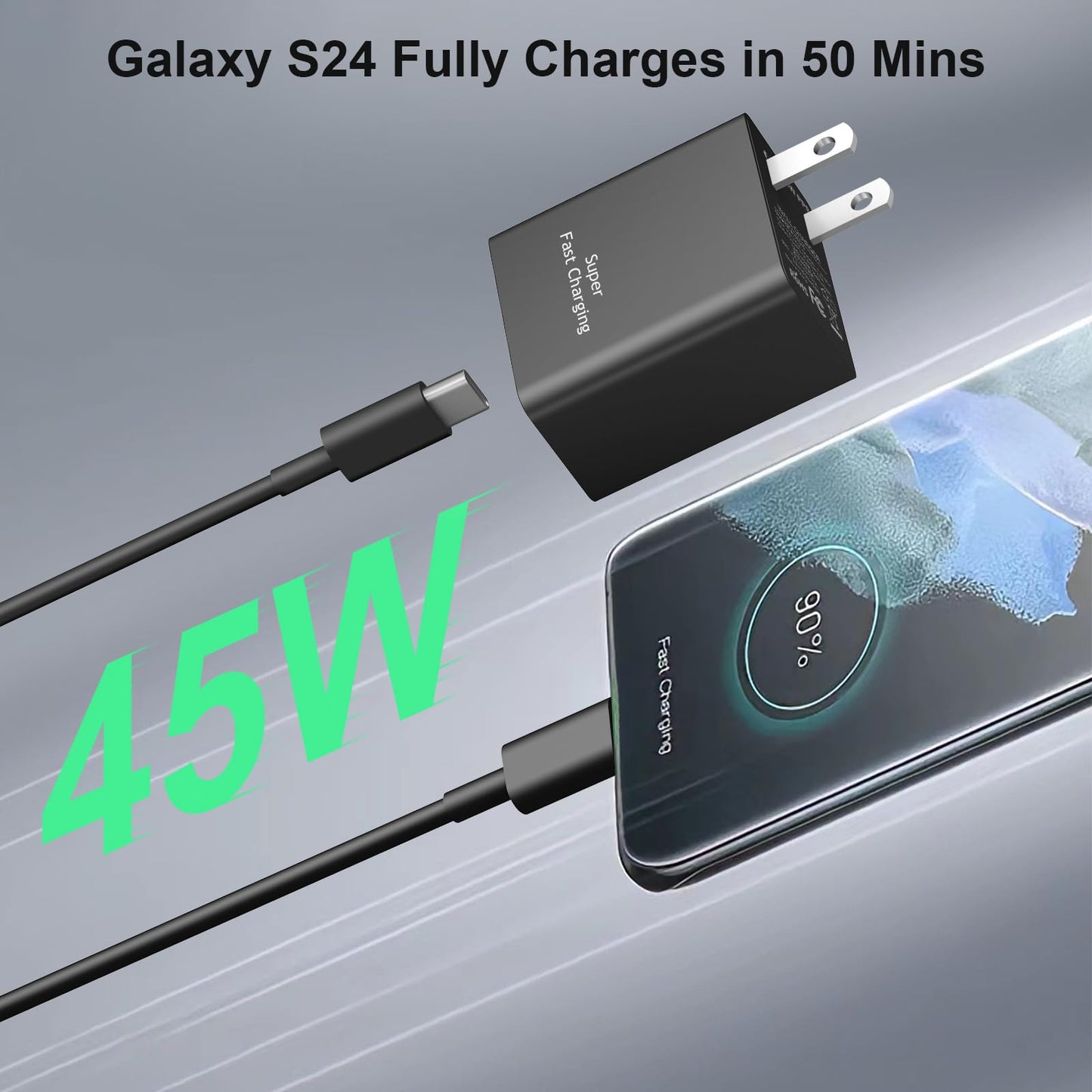 45W Type-C Fast Charger, 2-Pack USB C Fast Charger Adapter & USB C to USB C Cable, 45W Super Fast Charger for Galaxy S24/S23/S22 Ultra/Plus/Note 20/S20/S21/Galaxy Tab S7/S8 (Black)