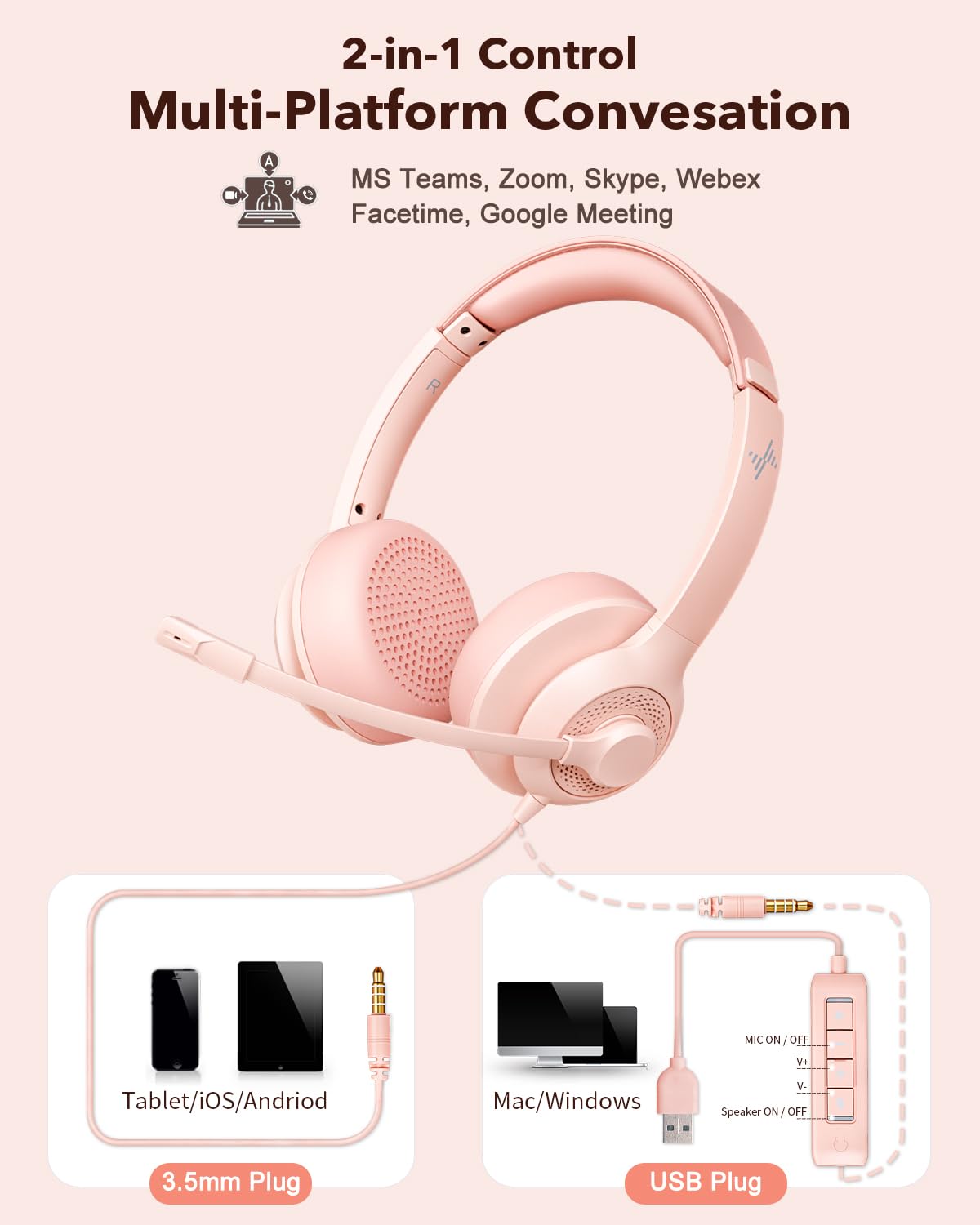 JIAMQISHI USB Headset with Mic for PC, On-Ear Computer Laptop Headphones with Noise Cancelling Microphone in-line Control for Home Office Online Class Skype Zoom