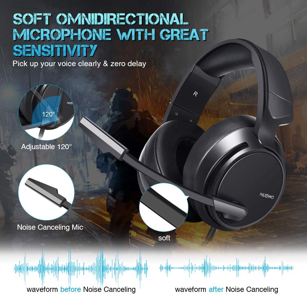 Gaming Headset for PS4, PS5, Xbox One, PC with Bass Surround, Soft Memory Earmuffs, Stereo Headset, Noise-Cancelling Over-Ear Headphones with Mic, Volume Control for Laptop Tablet