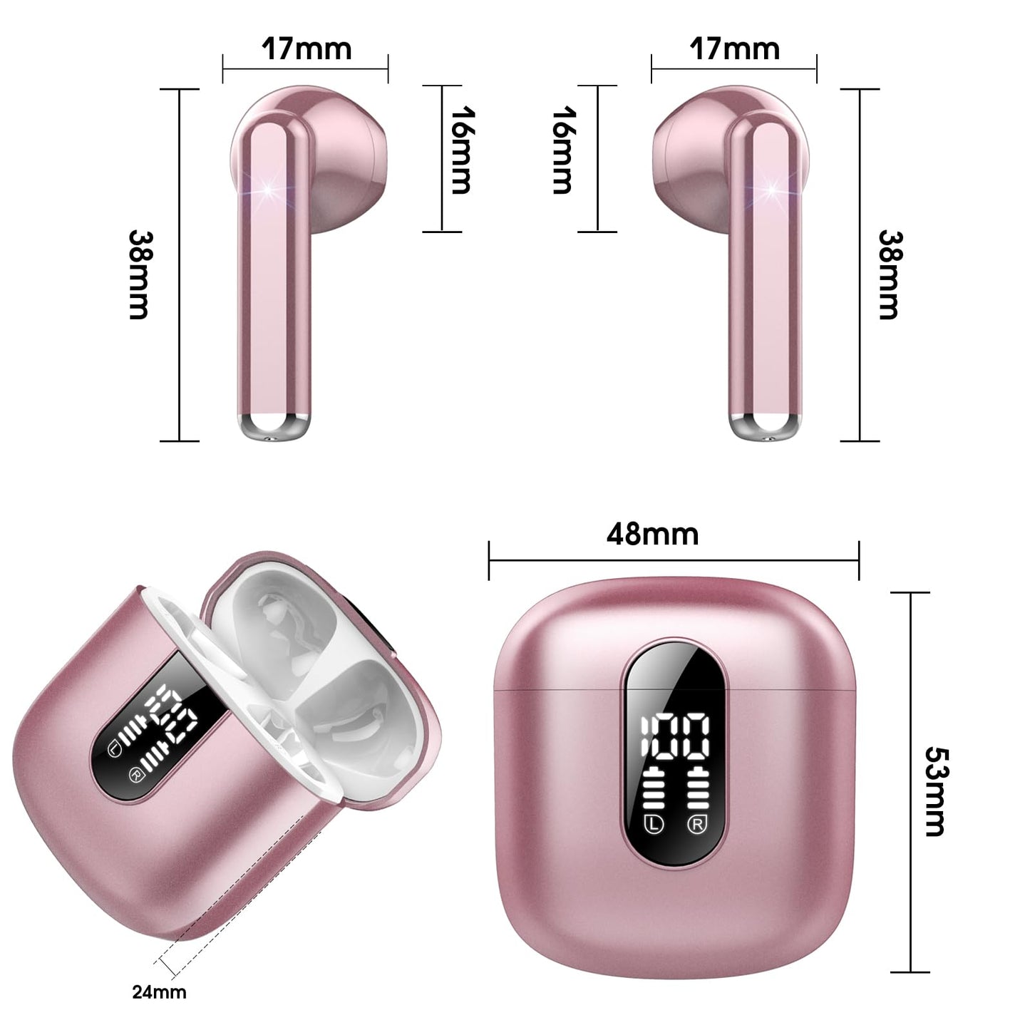 Wireless Earbuds, Bluetooth 5.3 Headphones HiFi Stereo, Mini in-Ear Bluetooth Earbuds, Wireless Earphones with 4 ENC Noise Cancelling Mic, IP7 Waterproof, LED Display, Touch Control Ear Buds, White