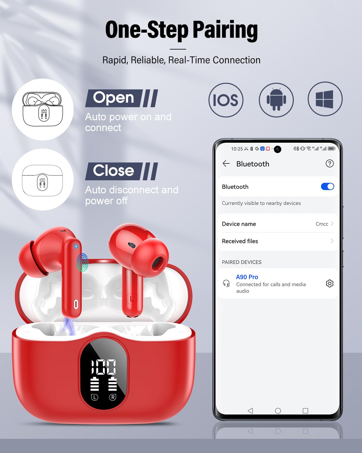 Wireless Earbuds, Bluetooth Headphones 5.4 HiFi Stereo, Wireless Earphones with ENC Noise Cancelling Mic, IP7 Waterproof in Ear Headphones, LED Digital Display Ear Buds, Touch Control, Black