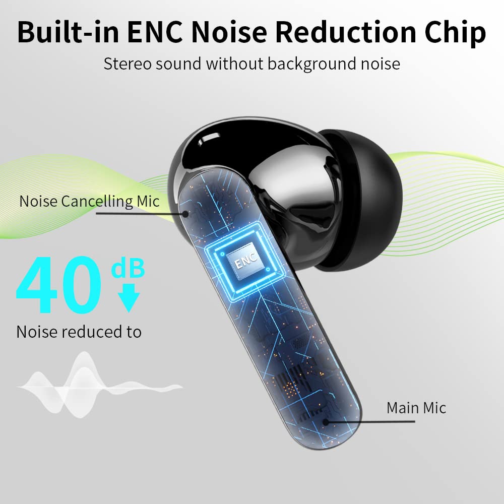 Wireless Earbuds, Bluetooth Headphones 5.4 HiFi Stereo, Wireless Earphones with ENC Noise Cancelling Mic, IP7 Waterproof in Ear Headphones, LED Digital Display Ear Buds, Touch Control, Black