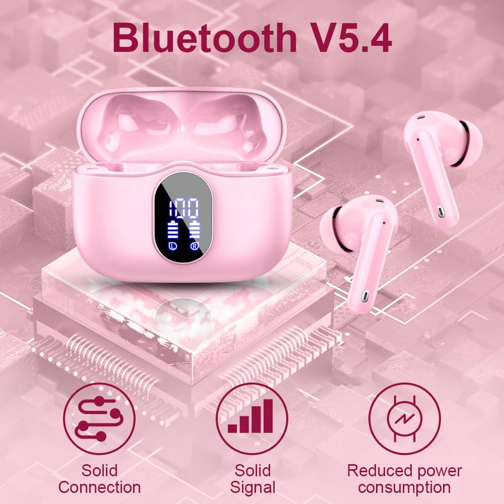 Wireless Earbuds, Bluetooth Headphones 5.4 HiFi Stereo, Wireless Earphones with ENC Noise Cancelling Mic, IP7 Waterproof in Ear Headphones, LED Digital Display Ear Buds, Touch Control, Black