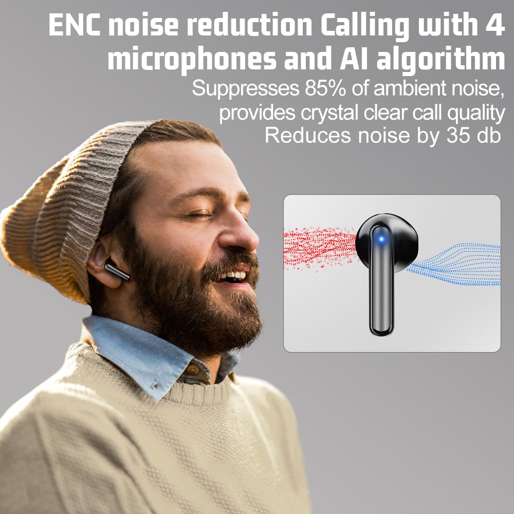 Bluetooth Earbuds Wireless Headphones, 60H Deep Bass Ear Buds with 4 Noise Cancelling Microphone, IP5 Waterproof Earphones for iPhone Android Sports audifonos Bluetooth inalambricos (Obsidian)