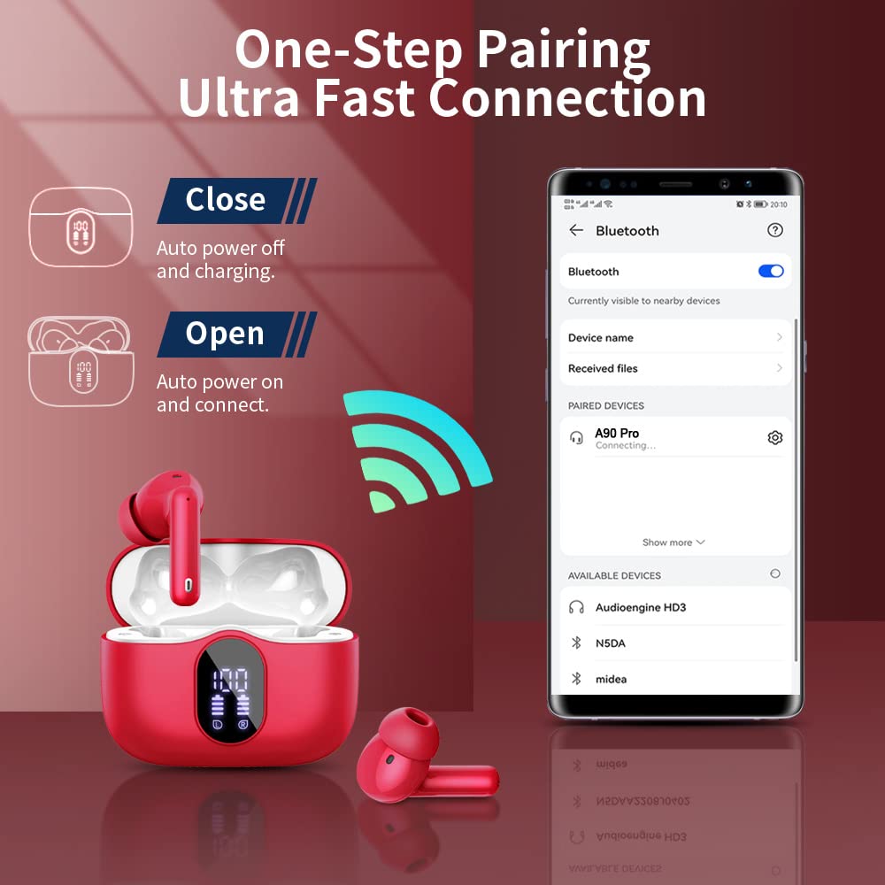 Wireless Earbuds, Bluetooth Headphones 5.4 HiFi Stereo, Wireless Earphones with ENC Noise Cancelling Mic, IP7 Waterproof in Ear Headphones, LED Digital Display Ear Buds, Touch Control, Black