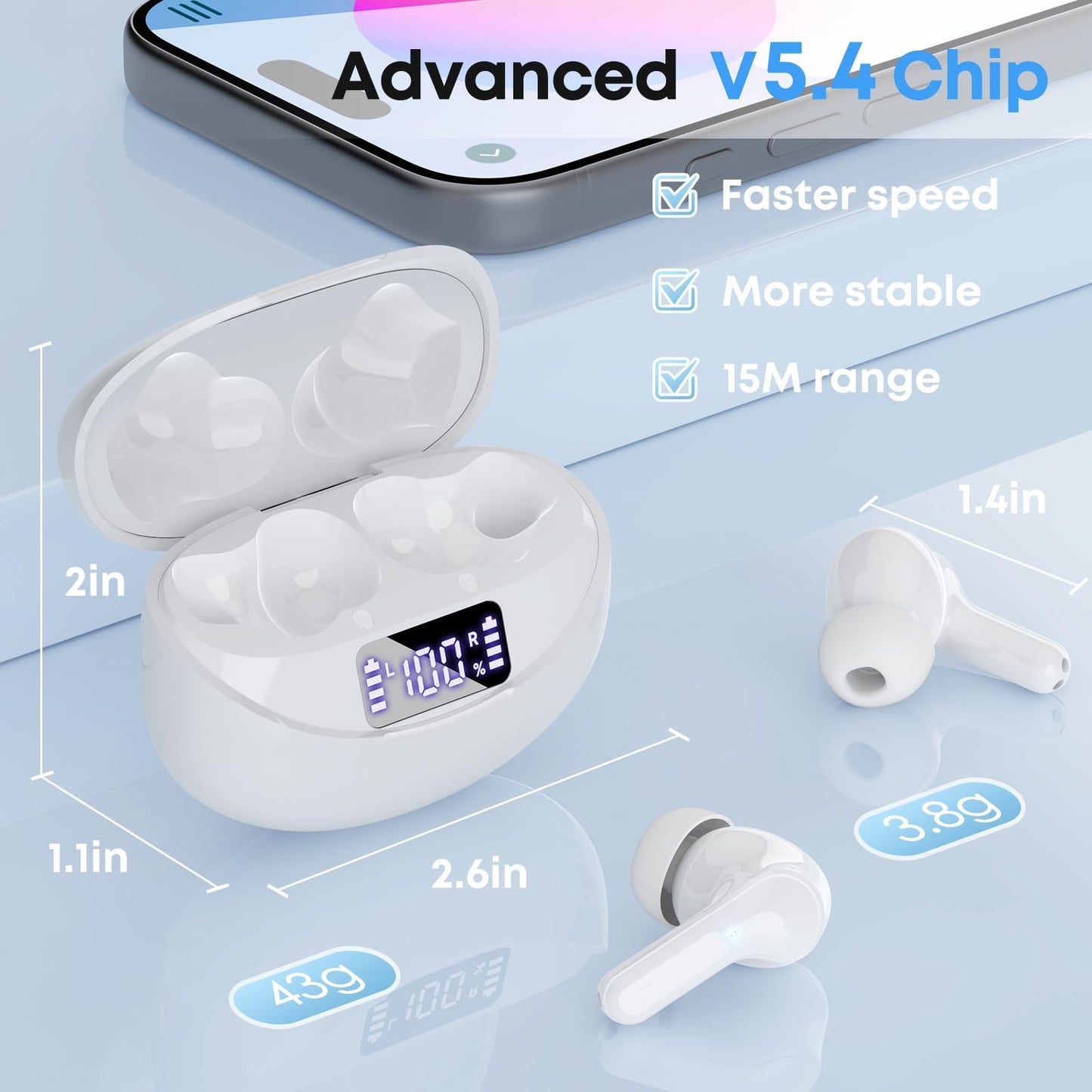 Wireless Earbuds, Bluetooth 5.4 Headphones HiFi Stereo 50H Playback LED Digital Display Ear Buds with ENC Noise Canceling Headset, IPX7 Waterproof Earphones for Running/Workout