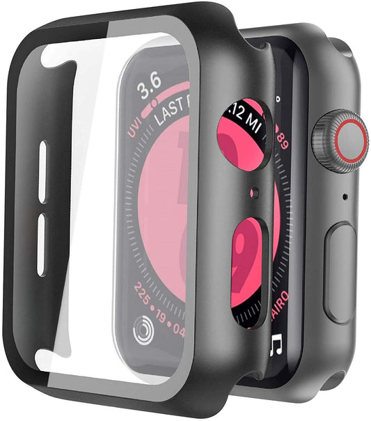 2Pack Black Hard Case (Apple Watch SE 2 (2024) SE Series 6 Series 5 Series 4)with HD Tempered Glass Screen Protector