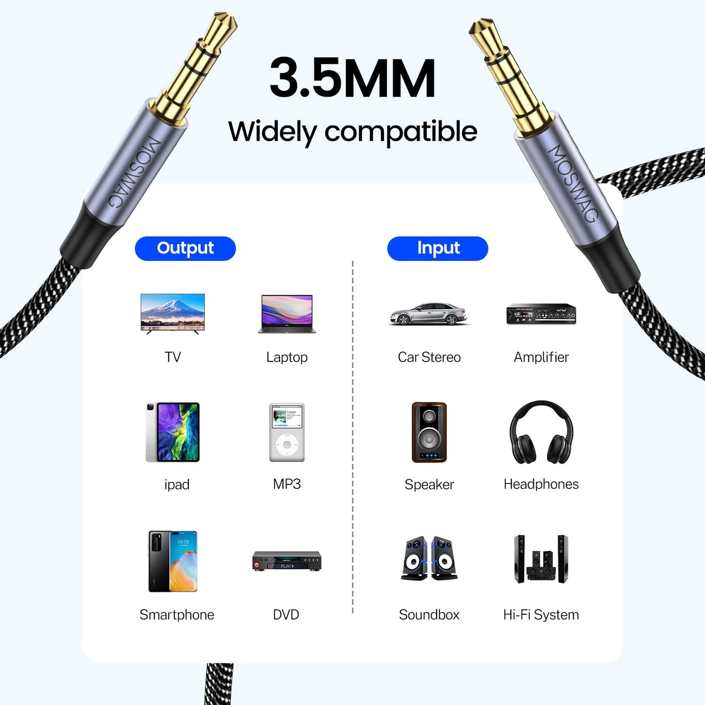 MOSWAG 10FT/3Meters 3.5mm Audio Auxiliary Jack Cable 3 Pole to 3.5mm Aux Cable Male to Male Aux Cord Nylon Braided Stereo Jack Cord for Phones, Headphones, Speakers, Tablets, PCs, Music Players and More