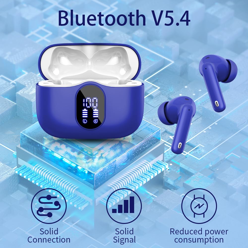 Wireless Earbuds, Bluetooth Headphones 5.4 HiFi Stereo, Wireless Earphones with ENC Noise Cancelling Mic, IP7 Waterproof in Ear Headphones, LED Digital Display Ear Buds, Touch Control, Black