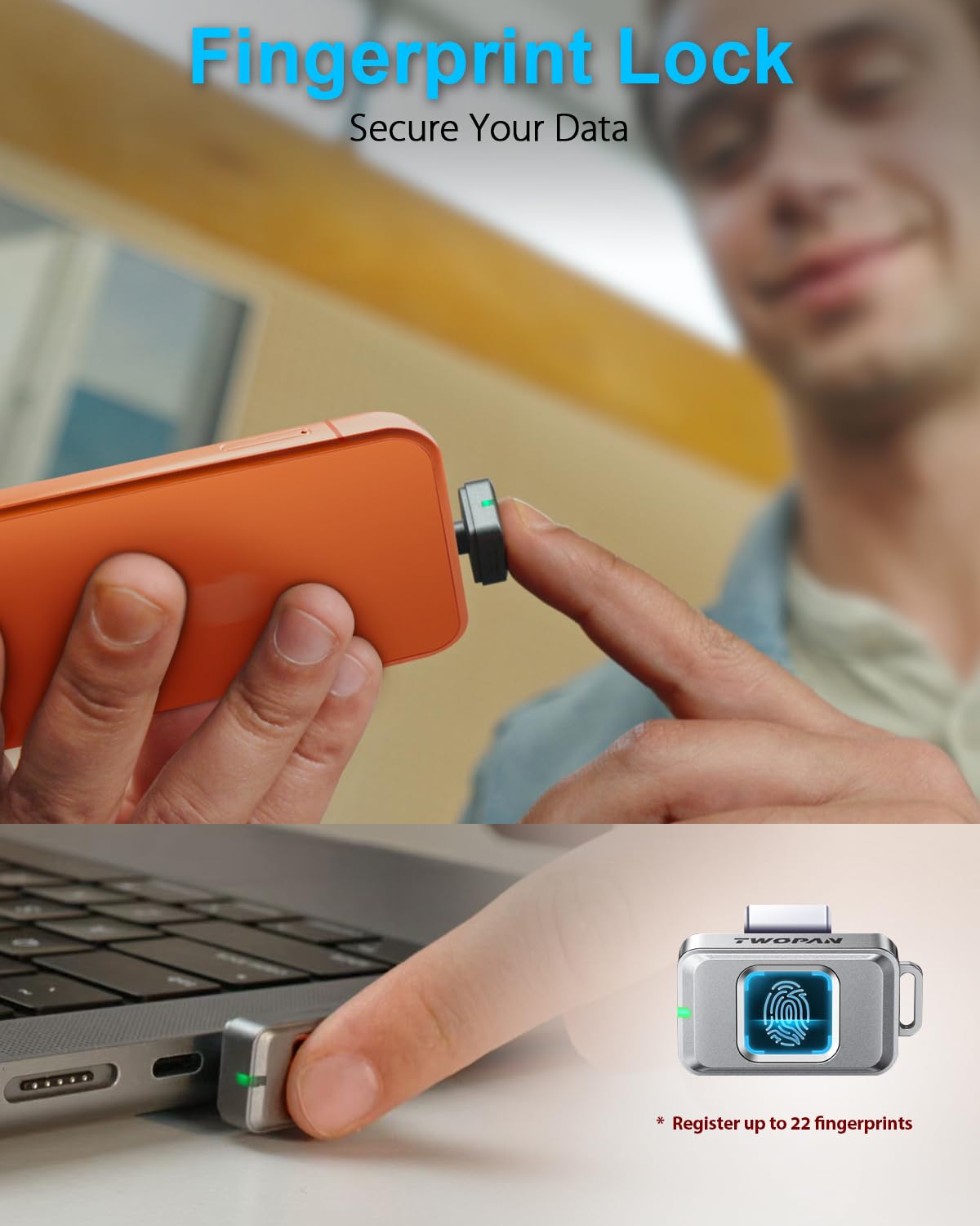 TWOPAN 256GB Portable Nano SSD with Fingerprint Lock, USB-C External SSD Hard Drive, Compatible with iPhone 17/16/15, MacBook, iPad, Steam Deck, PS5, Selfie Stick, Android, Travel and Backup