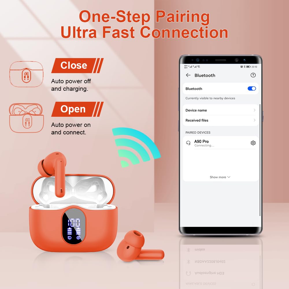 Wireless Earbuds, Bluetooth Headphones 5.4 HiFi Stereo, Wireless Earphones with ENC Noise Cancelling Mic, IP7 Waterproof in Ear Headphones, LED Digital Display Ear Buds, Touch Control, Black
