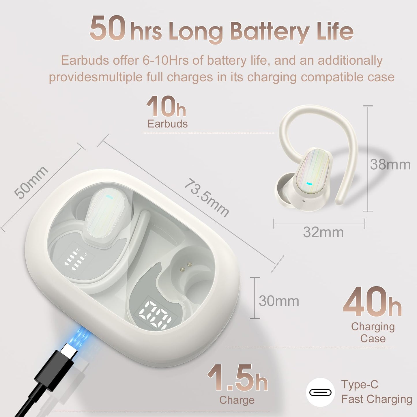 Wireless Earbuds, 50H Bluetooth 5.4 Headphones Sport, Bluetooth Earbuds with ENC Noise Canceling, HiFi Stereo Sound Wireless Earphones with Earhooks, IP7 Waterproof Ear Buds for Sports/Workout/Running
