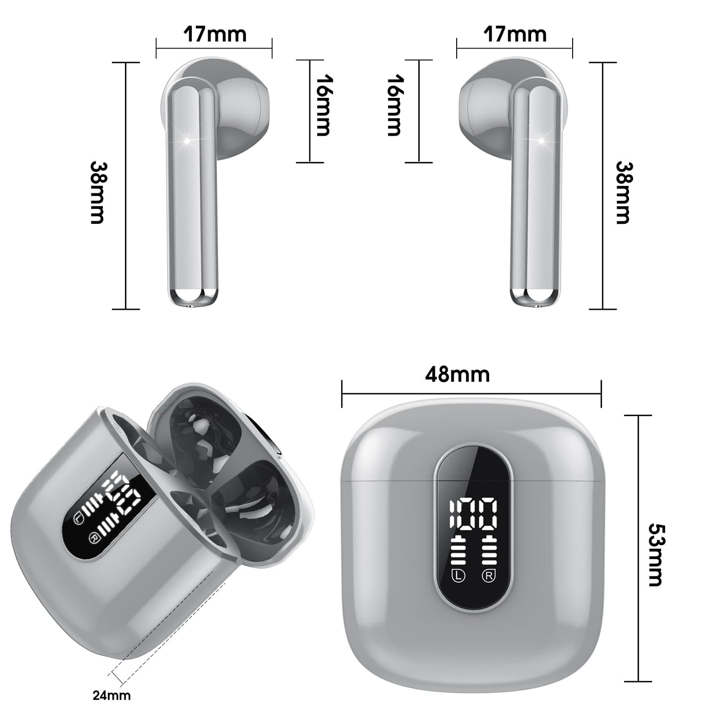 Wireless Earbuds, Bluetooth 5.3 Headphones HiFi Stereo, Mini in-Ear Bluetooth Earbuds, Wireless Earphones with 4 ENC Noise Cancelling Mic, IP7 Waterproof, LED Display, Touch Control Ear Buds, White