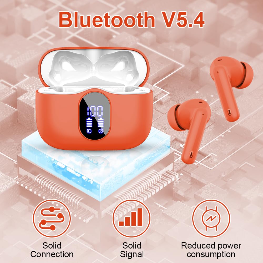 Wireless Earbuds, Bluetooth Headphones 5.4 HiFi Stereo, Wireless Earphones with ENC Noise Cancelling Mic, IP7 Waterproof in Ear Headphones, LED Digital Display Ear Buds, Touch Control, Black