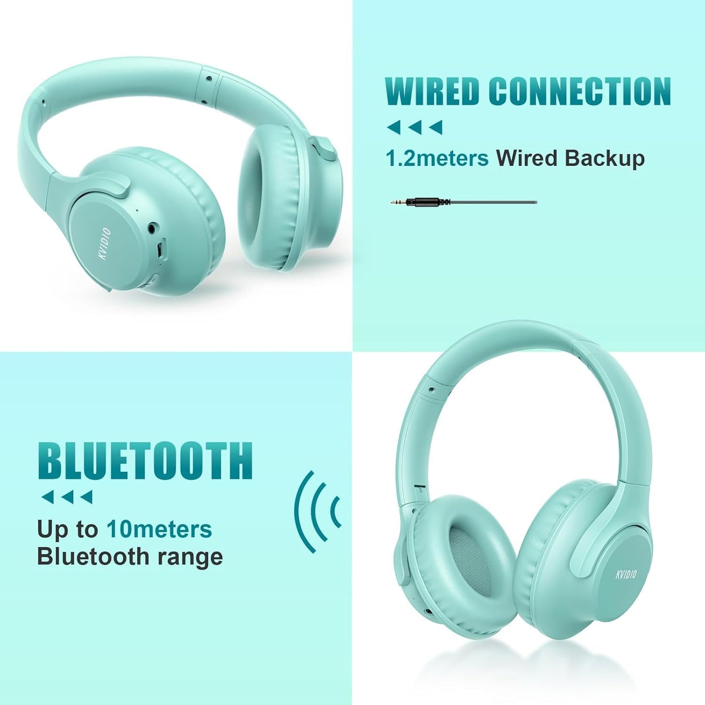 KVIDIO Bluetooth Headphones Over Ear, 65 Hours Wireless Headphones with Microphone, Foldable Lightweight HiFi Stereo Headset with Deep Bass for Travel Work Laptop PC Cellphone